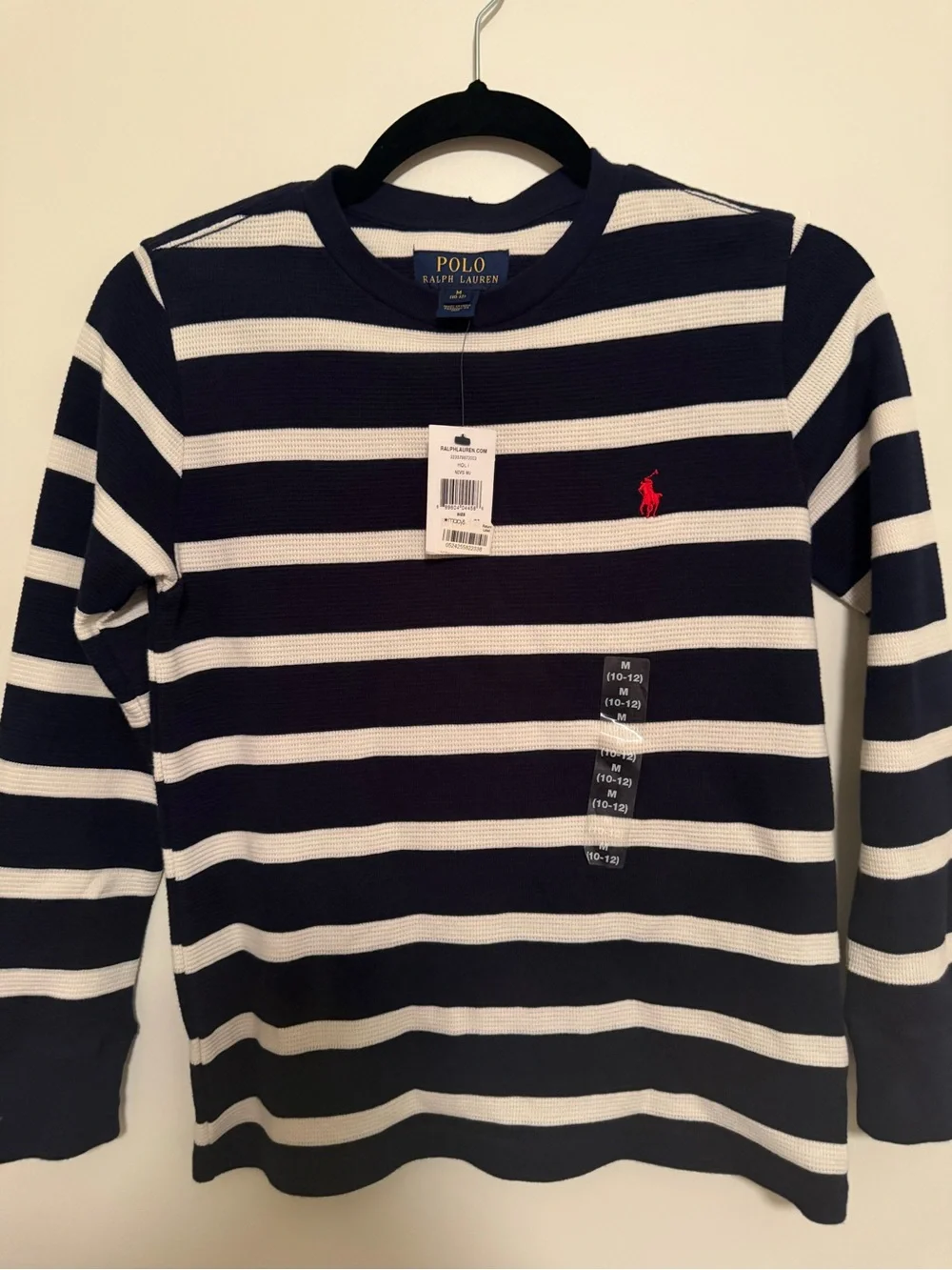 Ralph Lauren Navy, White Striped Long Sleeve waffle knit Tee